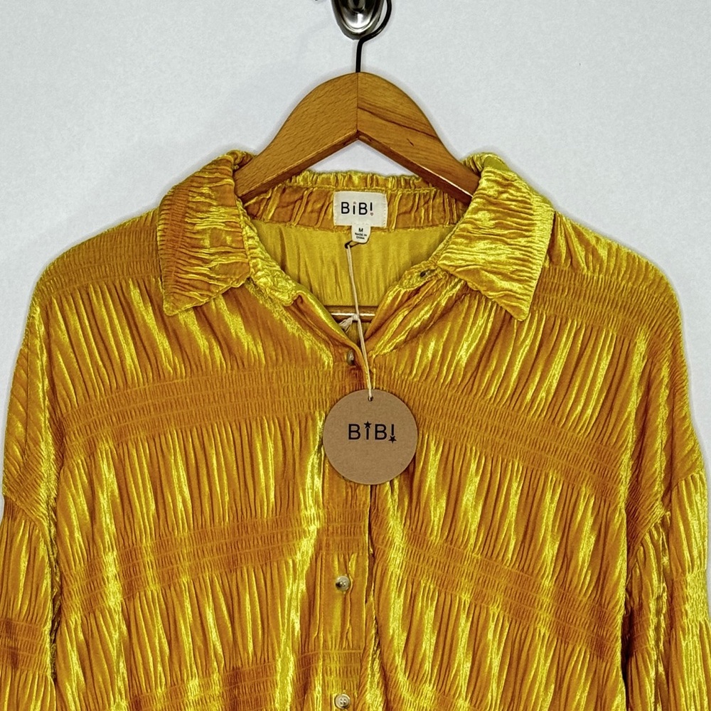 Bibi Gold Velvet Button Down Shirt Oversized Wrinkle Effect Top Mustard NWT - Picture 8 of 16